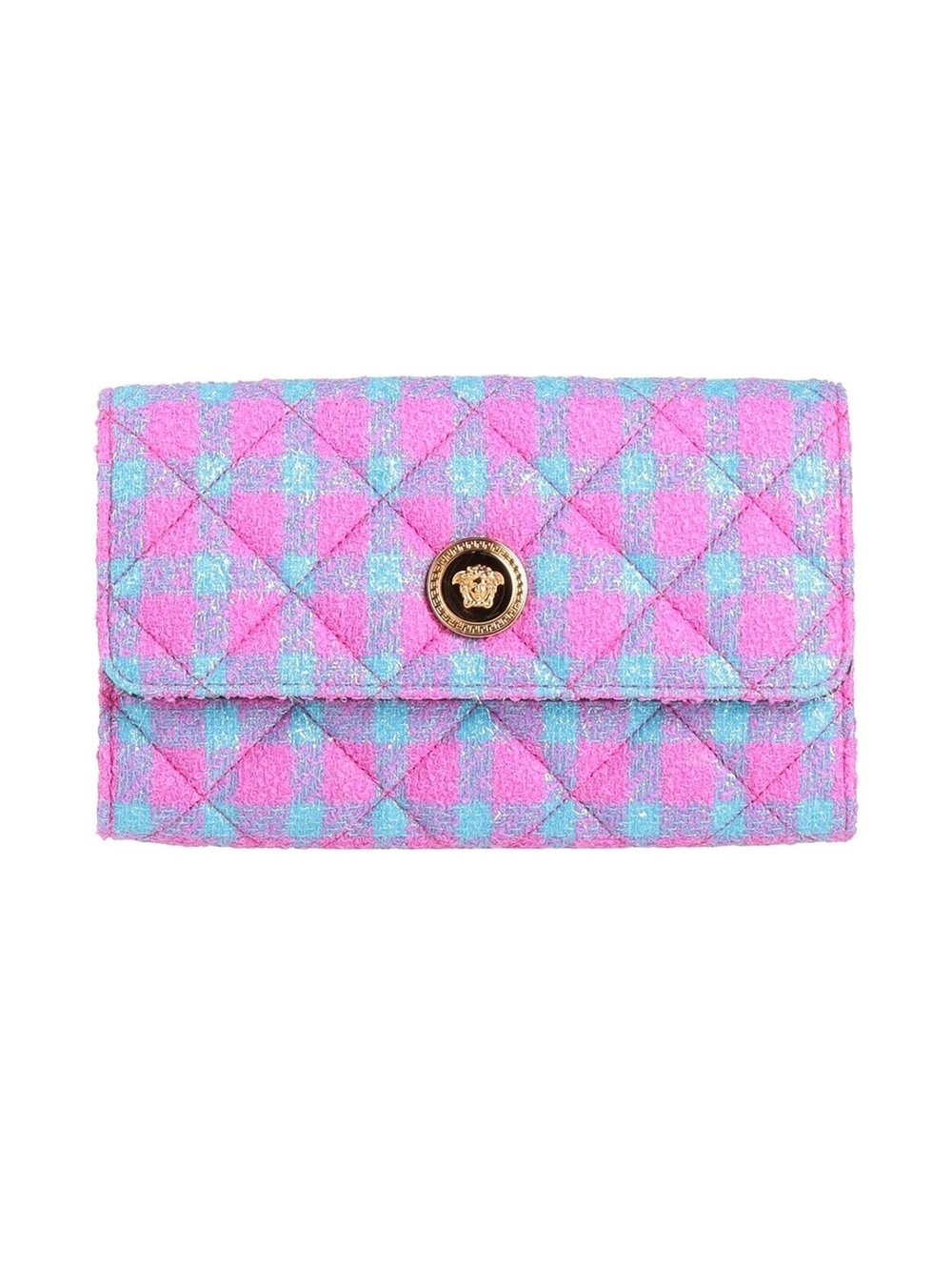 Versace Pink and Light Blue Quilted Checker Clutch with Gold Medusa Button